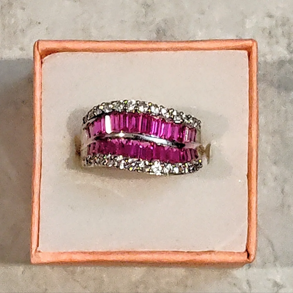 STERLING SILVER RUBY & DIAMOND RING BAGUETTE CUT RUBY & ROUND CUT DIAMONDS 8½ - Picture 4 of 16